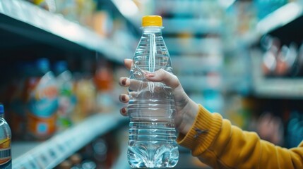 female hand holding a bottle of water or mineral water in grocery store.