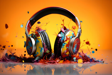 Headphones with colorful splashes and blots on orange background. - obrazy, fototapety, plakaty