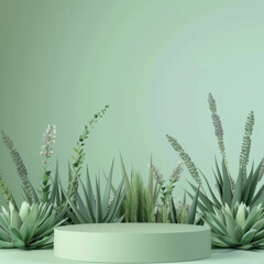 podium on a background of aloe on a light green background. 3D