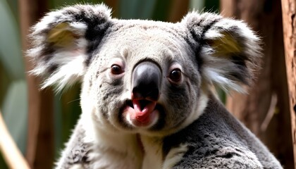 A Koala With Its Tongue Sticking Out In Concentrat