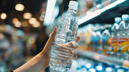 female hand holding a bottle of water or mineral water in grocery store.