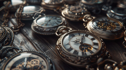A collection of antique pocket watches, each displaying a different time