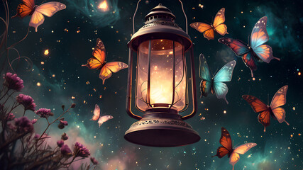 butterflies flutter around an ancient lantern. illustration	 - obrazy, fototapety, plakaty