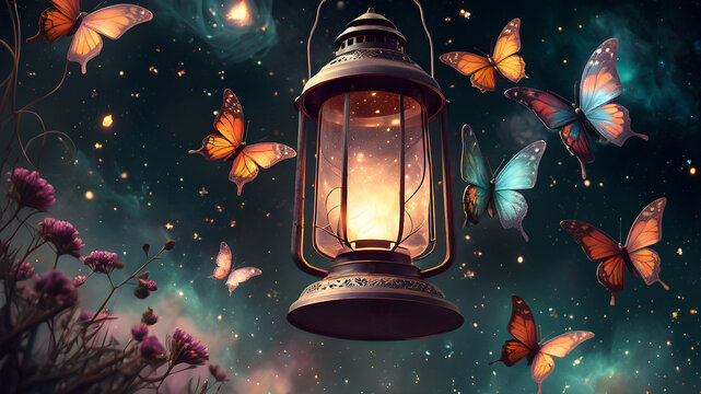 butterflies flutter around an ancient lantern. illustration	