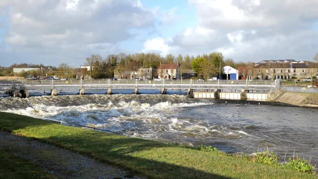 River Corrib and dam, water flow control system at Galway city, Salmon weir, Ireland