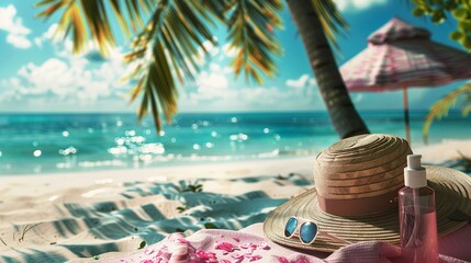 a beach towel with a straw hat resting on - obrazy, fototapety, plakaty