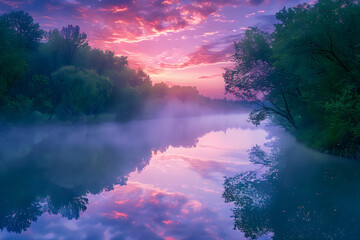 Fototapeta na wymiar Sunrise Serenity: A Mesmerizing Landscape of Misty River against Forest Backdrop at Dawn