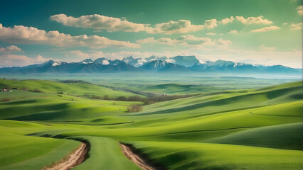 A serene spring landscape with lush green rolling hills under snow-capped mountains and a clear sky evokes tranquility and wonder