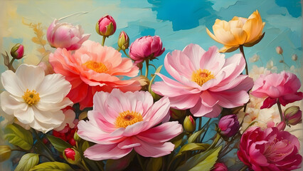 Fototapeta premium A vibrant and colorful painting of a variety of blooming flowers representing the freshness of spring and evoking feelings of joy