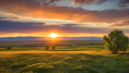 Obraz premium An enchanting spring sunset over fields depicting tranquility and the richness of the earth during the springtime