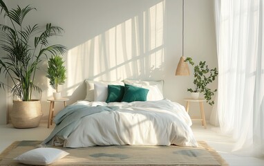 Fototapeta na wymiar White bedroom interior concept with fabric bed and home decor. Scandinavian interior design. Generative AI