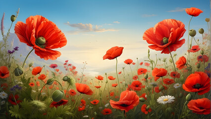 Obraz premium A scenic depiction of a beautiful field of red poppies, capturing the essence of spring season during a calm sunset
