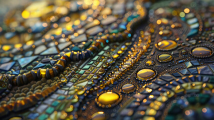 A close-up of a detailed, handcrafted mosaic made of colorful glass tiles