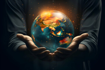 Close up of businessman holding Earth planet in hands.