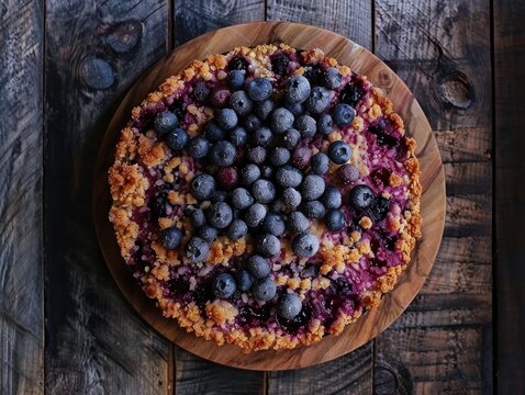 homemade delight with a delicious blueberry crumble cake topped with frozen blueberries, seen from a top view. The golden-brown crumble crust adds a delightful crunch, 