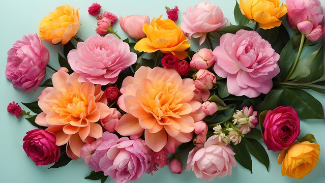 A bright and colorful array of spring flowers showcasing pinks, yellows, and oranges, surrounded by lush green leaves, welcoming the spring season with freshness