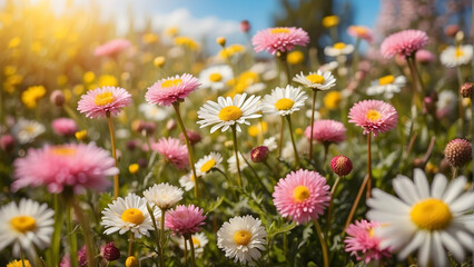 Fototapeta premium A lush field filled with a delightful blend of pink and white daisies basks in the golden light of spring, symbolizing growth and the blossoming of new life