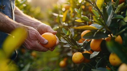 gardener hand picking an orange with scissor in the oranges field garden in the morning time. - obrazy, fototapety, plakaty