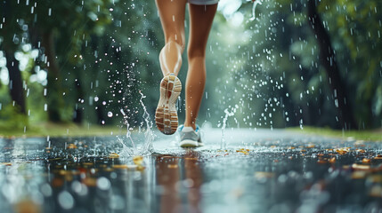 Close up portrait of beautiful pair of woman's legs with running shoes on park, rainy day and water...