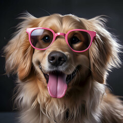 dog with pink heart shaped glasses on black background