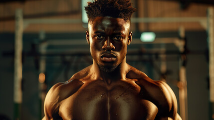 Fototapeta na wymiar Gym Focus: Confident Bodybuilder with Intense Gaze and Defined Muscles 