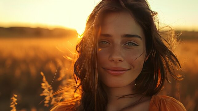 portrait of young and tender woman on a feild at sunset