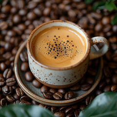 Hot Coffee in Steaming Cup with Coffee Beans Scattered Around