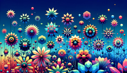 A whimsical and vibrant depiction of a meadow filled with geometrically stylized flowers. - obrazy, fototapety, plakaty