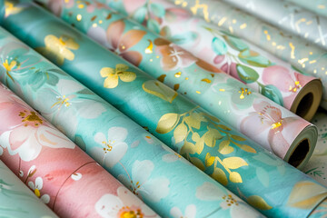 Wrapping Paper Rolls: Floral Patterns in Teal, Pink, and Gold Accents - Elegant Rolls of Gift Wrapping Paper with Floral Prints for Presents, Celebrations, Birthday, Christmas  