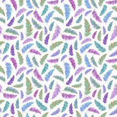 Blue, green and purple shaded plumes floating through the air arranged in seamless pattern. Colorful surface art isolated on white backdrop for printing or for use in graphic design projects.