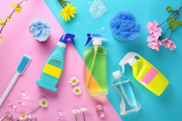Set of cleaning products on colorful background. Cleaning service in spring - 779176490