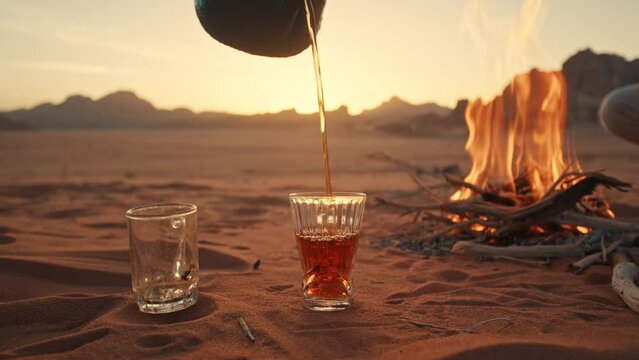 Tea poured in a glass at the Camp Fire in Jordan Wadi Rum desert