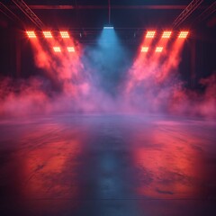 Lights on the stage. Abstract scene with round podium, neon light and smoke.