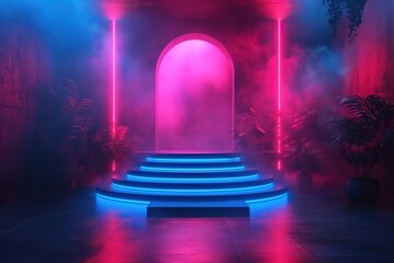 Abstract scene with round podium, neon light and smoke.