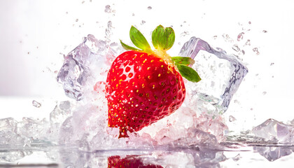 Fototapeta premium Visual Illustration of a Falling Strawberry Colliding with Water and Ice, Turning the Scattering of Ice Pieces into an Artistic Scene