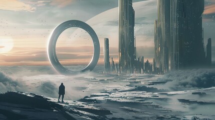 wanderer against the background of a round portal in the city of the future - obrazy, fototapety, plakaty