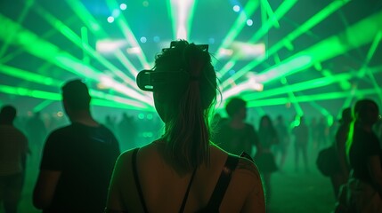 Vivid green laser beams create an electrifying atmosphere at a music festival, illuminating the stage and captivating the audience.