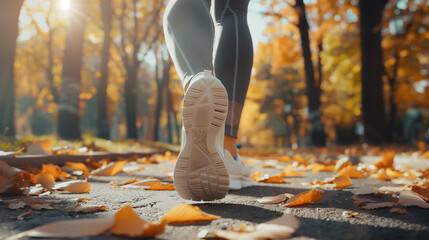 Close up portrait of shoe, female runner jogging on public park at evening, 