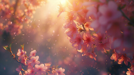 Spring cherry blossoms in full bloom With Sunlight - obrazy, fototapety, plakaty