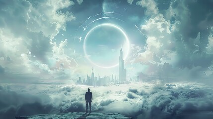 wanderer against the background of a round portal in the city of the future