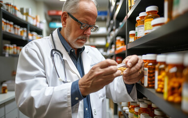 Senior pharmacist checking medicines in pharmacy - obrazy, fototapety, plakaty