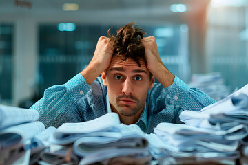 Overwhelmed man working doing paperwork, surrounded by piles of paper, he is looking at camera. Generative Ai.