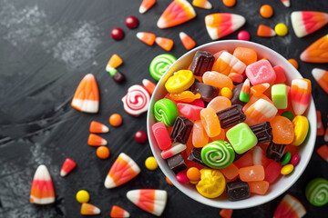 saladier pour Halloween, rempli de bonbons colorés et variés, avec quelques sucreries tombées à côté sur la table en bois rustique. Vue par dessus, flat lay.