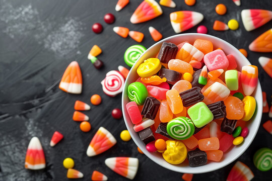 saladier pour Halloween, rempli de bonbons color&eacute;s et vari&eacute;s, avec quelques sucreries tomb&eacute;es &agrave; c&ocirc;t&eacute; sur la table en bois rustique. Vue par dessus, flat lay.