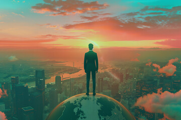 Concept : dominer le monde. Homme d'affaires debout sur le monde, qui regarde le monde à ses pieds, dominant les choses et les hommes.