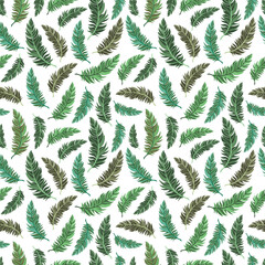 Green shaded feathers floating through the air arranged in seamless pattern. Vivid surface art isolated on white backdrop for printing or for use in graphic design projects.
