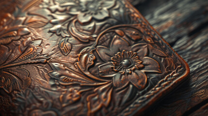 A close-up of a detailed, handcrafted leather wallet with intricate embossed patterns