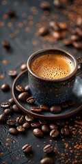 Hot Coffee in Steaming Cup with Coffee Beans Scattered Around