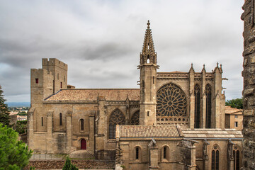 Exterior architecture of the basilica in the town of Carcassonne in the south of France
