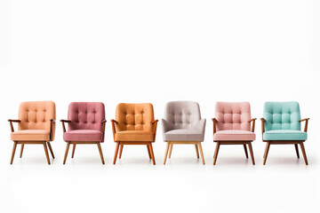 Collection of midcentury modern arm chairs in various colors isolated on a white background